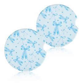 2pcs Blue Bow Car Coasters, Ceramic Cork Pad Cup Holder with Finger Notch Cute Car Accessories Interior for Women Men