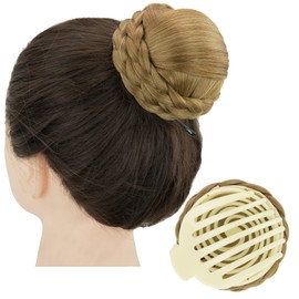 IMISSU Braided Chignon Dancer Hair Donut Hairpieces Scrunchie Claws Hair Bun Updo for Wedding Party (M4 Copper Mix)
