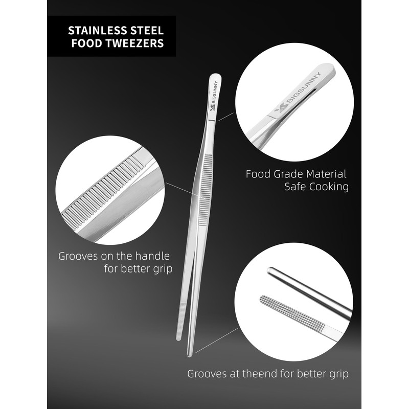 MSY BIGSUNNY Stainless Steel Precision Serrated Tips Food Tongs (1,