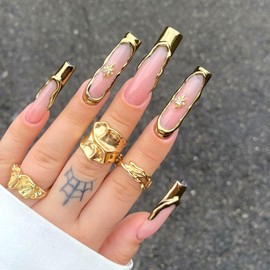Gold French Tip Press on Nails Long Square Fake Nails Extra Long Nails Press ons with Stars Rhinestones Designs Glossy Glue on Nails Artificial Acrylic Nails Nude Stick on Nails for Women 24 Pcs
