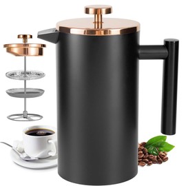 Wrobic Cafetiere French Press Small 350ml/12oz, Cafetiere Stainless Steel Double-Wall Metal Insulated Coffee Press, 3 Level Filtration System with 3 Extra Filter Screens, (1cup,Black)