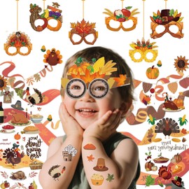120pcs Thanksgiving Day tattoos stickers and party glasses combination set，Birthday Party Decorations Favors Supplies Gifts Boys Girls Cute Fake Tattoo School Prizes Carnival Theme (Thanksgiving Day)