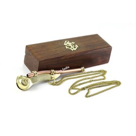 Hampton Nautical Solid Brass/Copper Boatswain (Bosun) Whistle with Rosewood Box, 5", Brass
