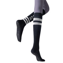 Dress Cici Knee High Non Slip Socks With Grips On Bottom for Yoga and Pilates, Stripes & Sport Letter Print (3 Pairs: Black+Grey+White)