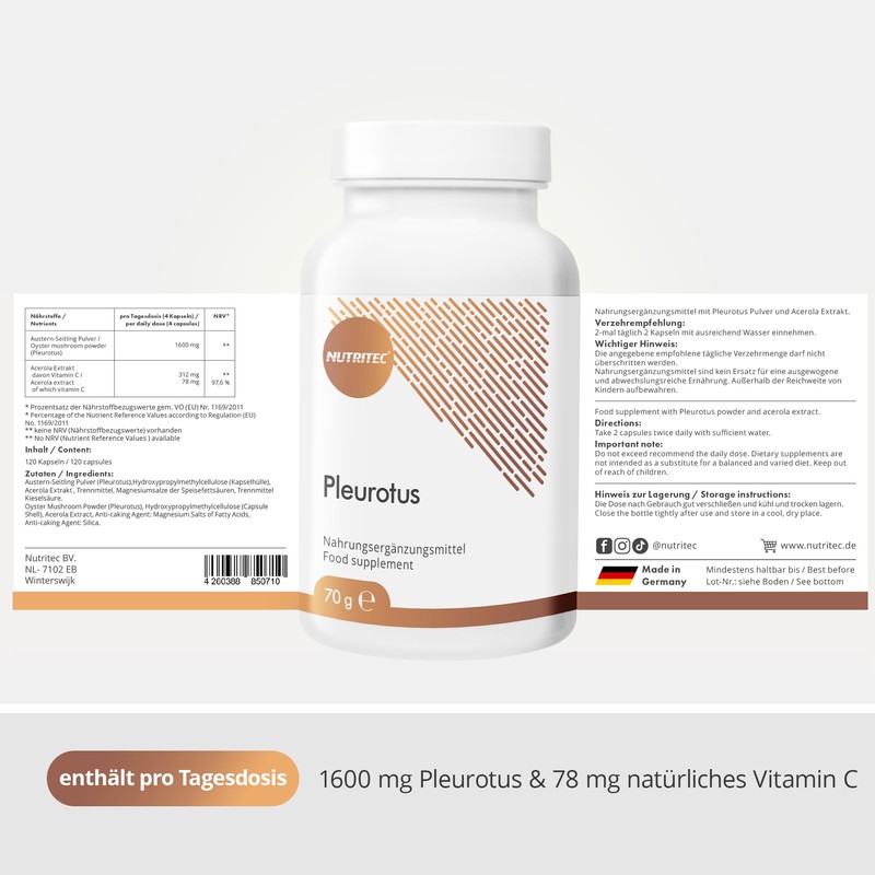Nutritec Nutritec Pleurotus Vitalpilz 120 Kapseln hochdosiert, Nahrungserg?nzungsmittel mit Acerola