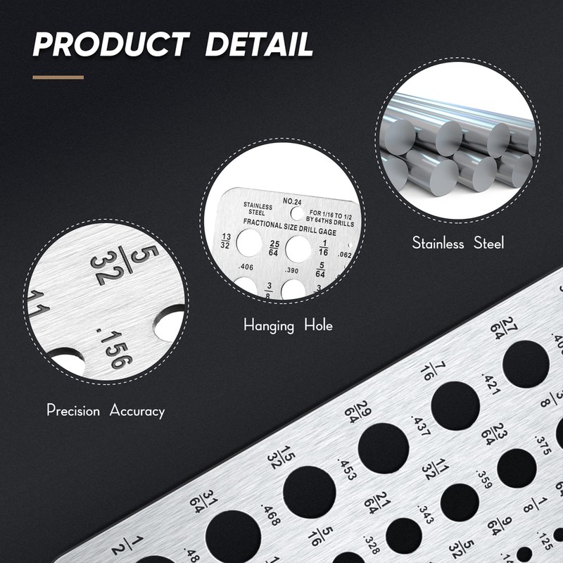 Weewooday Stainless Steel Drill Gauges for 1/16 Inch to 1/2