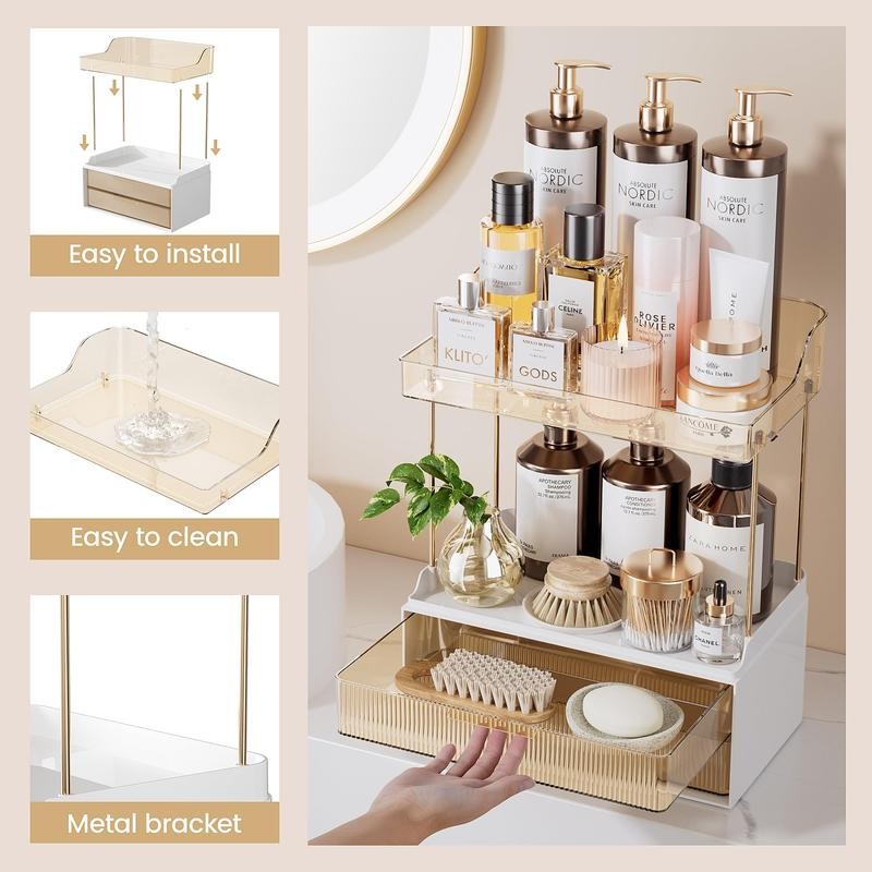 DELAMU 2-Tier 2-Drawer Countertop Organizer, Ideal for storing cosmetics, skincare,