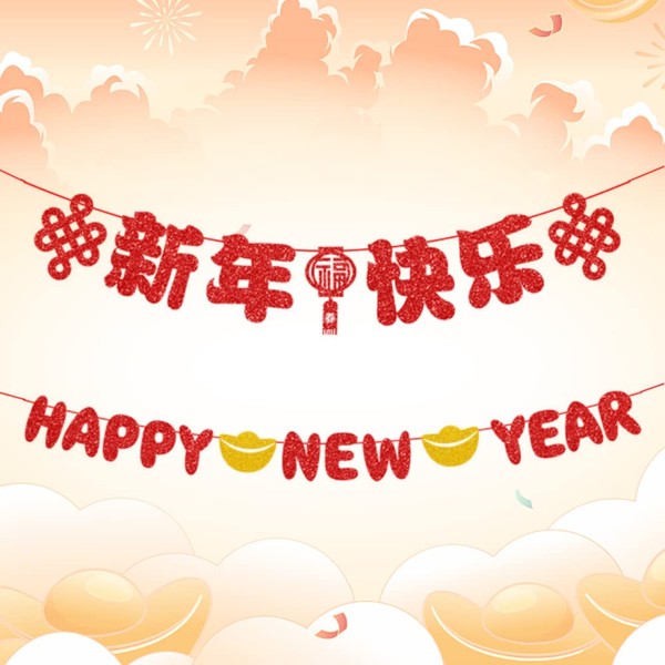 Hying 21 PCS Chinese New Year Banners Spring Festival Hanging Decorations 2023 Happy New Year Banner Garland Chinese Knot Hanging Bunting Ornaments for Chinese New Year Decorations