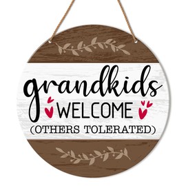 HSNBT Funny Welcome Sign for Front Door, GrandKids Welcome Others Tolerated, Funny Welcome Hanging Sign for Home Front Door Porch Rustic Wall Decorations Housewarming Gift for Grandma Grandparent