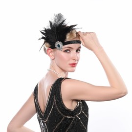 Teyglen 1920s Flapper Black Feather Headband Rhinestone Feather Hair Band Black Headpiece Roaring 20s Costume Hair Accessories for Women Girls Cocktail Party Prom