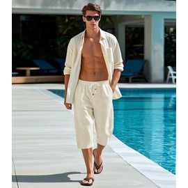 MAGNIVIT Men's Harem Pants Patchwork Loose Linen Harem Capri Pants with Pockets Beige 38