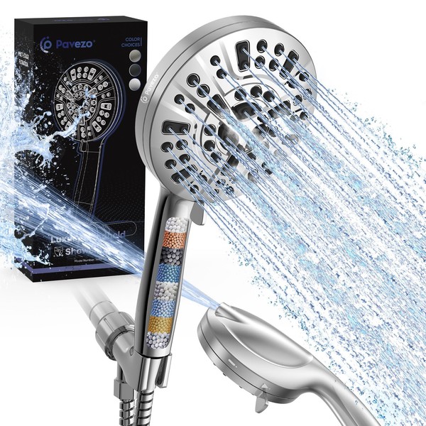 Pavezo High Pressure Shower Head Handheld 5" Large, Extra Long 70" SS Hose 10-Mode Portable Detachable Shower Head with Hard Water Filter for Bathroom, Anti-Clog & Powerful to Clean Tile & Pets