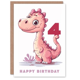 Artery8 4th Birthday Card Cute Pink Baby Dinosaur Cartoon Kids Age 4 Year Old Child For Son Daughter Girl Boy Happy Card