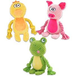 Leash and Leisure Plush Dog Toys, 3-Pack Variety Set with Squeaker, Crinkle Paper, Rope, Non-Toxic, Soft & Durable, Teething Puppy Toys- Farm Friends or Jungle Pals, 9.45 x 3.94 inches (Farm Friends)