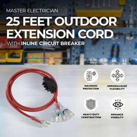 Master Electrician 25 Feet Outdoor Extension Cord with Power Indicator, Fan Tap and Inline Circuit Breaker for Tools and Home Improvement, Red