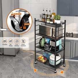 Himix Storage Shelves with 6 Hooks, 3 Tier Foldable Shelf with Wheels, Metal Storage Shelving Unit Rolling Cart, Utility Shelf Rack Organization Shelves for Garage, Pantry, Kitchen, Room, No Assembly