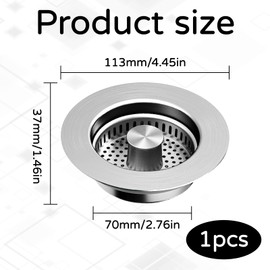 Kitchen Sink Drain Strainer, 3-in-1 Pop-Up Stainless Steel, Sink Strainer, for Depth > 40 mm, Sink Bore 75-86 mm, Suitable for Kitchen Sinks for Filtering Food Leftovers