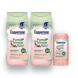 Coppertone Pure  Simple Baby - Loción de protección solar a base de minerales SPF 50  protector solar en barra, paquete múltiple (botella de 6 onzas, 
