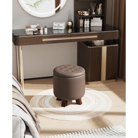 OS MOTOR Ottoman,Round Leather Foot Rest Stool, Upholstered Small Ottoman Chair with Storage for Living Room & Bedroom, Decorative Home Furniture, Brown