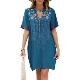 Women's Embroidered Mexican Peasant Dresses Short Sleeve, Plus Size Boho Dress Fiesta Traditional Floral Tunic Green
