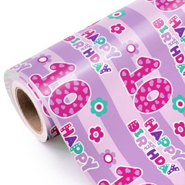 WRAPAHOLIC 10th Birthday Wrapping Paper - Mini Roll - 17 Inch x 33 Feet - Pink Happy Birthday with Floral Design for Birthday, Party, Holiday
