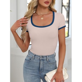 ANRABESS Women Short Sleeve Tops Square Neck Ribbed Knit Color Block T Shirts Fitted Casual Summer 2025 Trendy Basic Tees Beige X-Small
