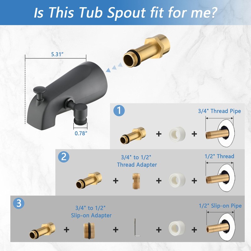 Sperwoesy Slip-On Tub Spout with Diverter, High Pressure 8 Settings
