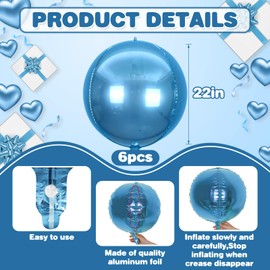6Pcs Blue Round Foil Balloons,Giant 4D Round Balloons 22 Inch for Birthday Wedding Graduation Prom Party Decorations