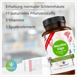 BonVigo® MenthaVigo Lungwort & Eucalyptus, 300 Capsules, 11 Plant Extracts, Riboflavin for Maintaining Normal Mucous membrane, e.g. Neck, Nose Bronchi, Selenium for Normal Function Immune System (5)