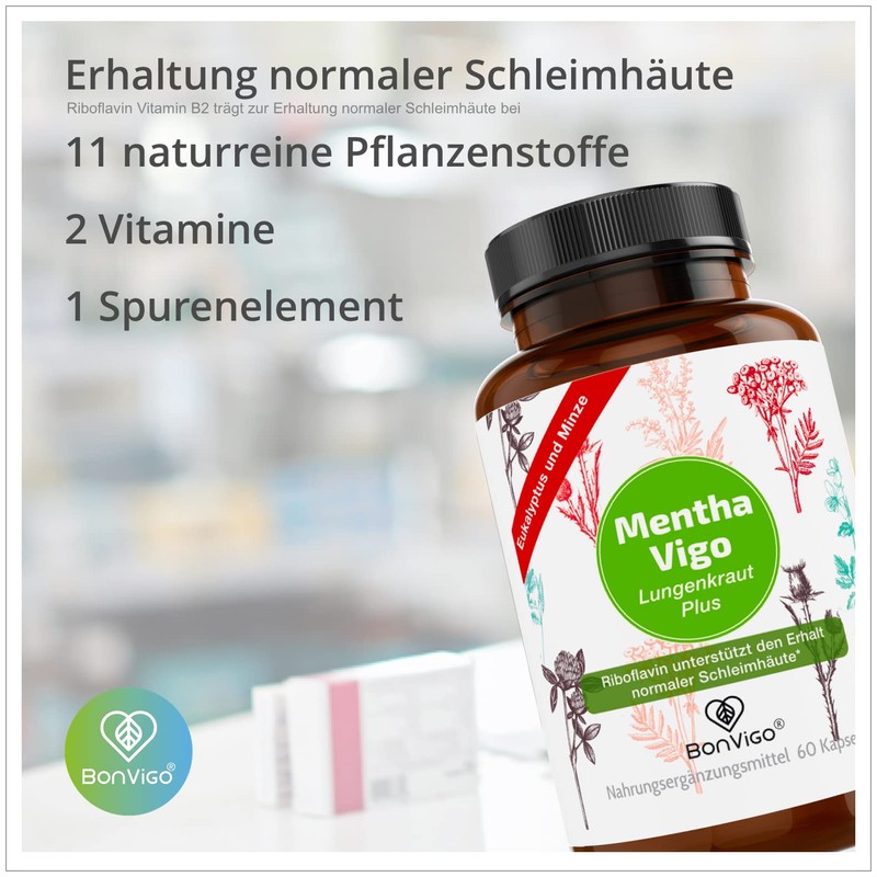 BonVigo® MenthaVigo Lungwort & Eucalyptus, 300 Capsules, 11 Plant Extracts,