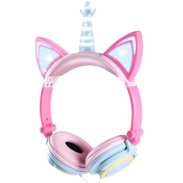 Sunvito Children’s Wired Over Ear LED Unicorn Headphones with Glowing Cat Ears, 85dB Volume, for Girls multi colore