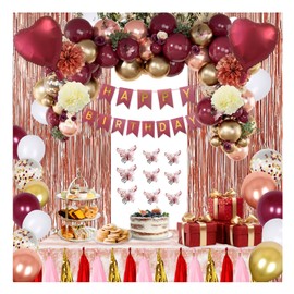 Birthday Decorations Party Pack for Women Burgundy birthday party decoration, tissue tassel paper ， foil balloons,women adult happy birthday banners and party curtains