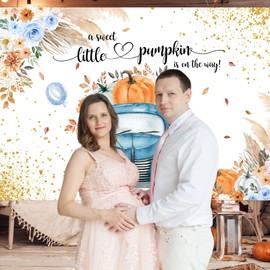 Avezano Blue Pumpkin Baby Shower Backdrop for Boy Boho Fall Baby Shower Decorations Little Pumpkin Truck Banner Thanksgiving Autumn Newborn Baby Shower Party Background(7x5ft)