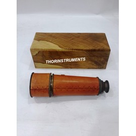 Antique Nautical Telescope Red Leather W/Natural Wooden Box Rustic Vintage Home Decor Gifts