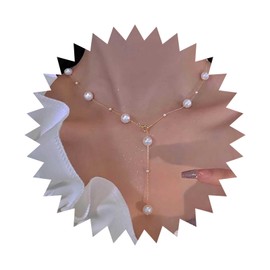 Xduargs Boho Pearl Y Lariat Necklace Gold Pearl Station Pendent Necklace Vintage Pearl Strand Choker Necklace Adjustable Pearl Y Drop Chain Necklace Jewelry for Women