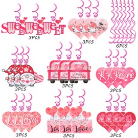 30 Pcs Valentines Day Decorations Hanging Swirls,Pink Gnome Heart Hanging Decorations Love Heart Swirls for Valentine's Day Party Decorations Supplies Romantic Wedding Photo Prop Glitter Ornaments