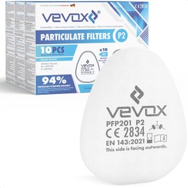VEVOX® P2 Particle Filter Set of 10 – Protection Against Particles & Aerosols – 94% Filtration Performance for Particles & Aerosols (0.3μm) – Includes 2 x Plastic Retainers – Compatible with Vevox®