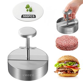 AMOZO Burger Press with 100-Sheet Baking Paper, Stainless Steel Grill Burger Smasher Hamburger Patty Maker,Pattie Maker Shaper, Non-Stick Patty Press for Burger Lovers Parties Dinner BBQ (5.5 Inch)
