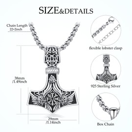 925 Sterling Silver Viking Necklace Thor's Hammer Necklace Mjolnir Pendant Viking Jewelry Vegvisir Amulet Pendant with 22"+2" Box Chain