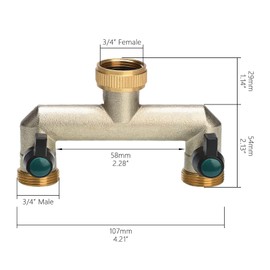 Photener 2 Way Water Distributor, Brass 2 Way Splitter with 2 Leak-Free Ball Valves, 3/4 Inch Female Thread to 2 Way 3/4 Inch Male Thread for Regulating and Shutting Water Flow