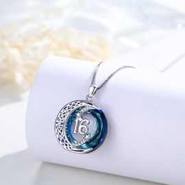 Midir&Etain 16th Birthday Gifts for Girls Daughter 925 Sterling Silver Celtic Moon Star Necklace with Blue Crystal Pendant Jewelry Sweet Birthday Gifts for 16 Year Old Girls