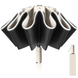 Poligono Windproof Umbrella, Large Pocket Umbrella for Men and Women, Inverted Umbrella 10 Ribs, Automatic Open and Close, Compact, Diameter 105 cm, beige