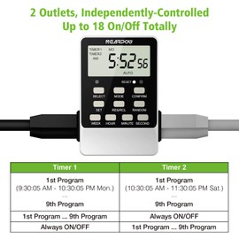 [2 Pack] Outlet Timer, NEARPOW Dual Digital Light Timer with 2 Independently-Controlled Outlets, 18 ON/Off Programs, 24-Hour and 7-Day Programmable,Indoor Electrical Timer Switch, 3 Prong, 15A/1800W