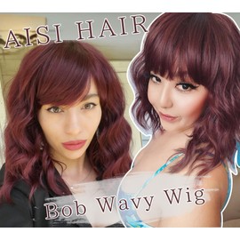 AISI HAIR AISI HAIR Curly Bob Wig with Bangs Short Wavy Wine Red Color Wigs for Women Bob Style Synthetic Heat Resistant Bob Wigs