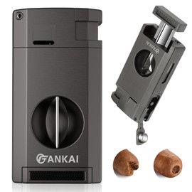 FANKAI Cigar Lighter with Cigar Cutter V Cut, Torch Lighter with Cigar Punch Cigar Accessories，Refillable Butane Lighter Cool lighters with Windproof Double Jet Flame (Gray)