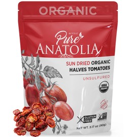 Sun Dried Organic Tomatoes Halves Cut by Pure Anatolia, Resealable Portion Control Packs, Non-GMO, Gluten-Free, Vegan, Unsulfured, Nutrient-Rich, No Preservatives, Pack of 6