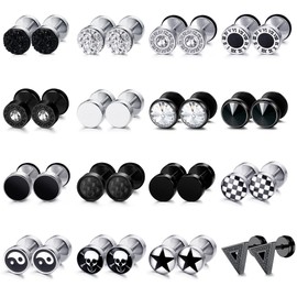 FIBO STEEL 16 Pairs Fake Gauge Earrings for Men Women Stainless Steel Stud Earrings Cheater Fake Ear Plugs Faux Gauges Earrings Ear Tunnel
