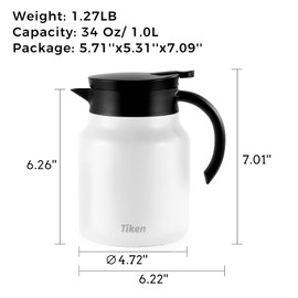 Tiken 34 Oz Thermal Coffee Carafes For Keeping Hot, Double Wall Stainless Steel Insulated Coffee Carafe, 1 Liter Beverage Pitcher (White)