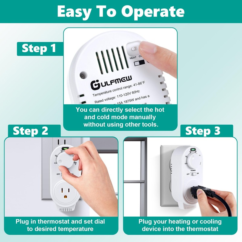 Gulfmew 2 Pack Adjustable Thermostat, Plug in Heating and Cooling