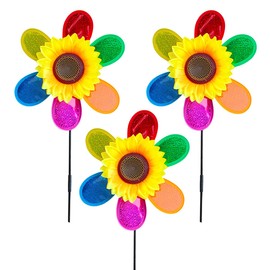 LUKDUNG 3 Pieces Wind Spinners for Garden, Sunflower Windmill, Colorful Sequin Wind Mill Outdoor Flower Pinwheels Garden Ornament for Garden Yard Lawn Decorations Bird Deterrent, Scarecrow